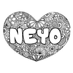 Coloriage pr&eacute;nom NEYO - d&eacute;cor Mandala coeur