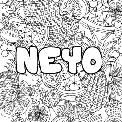 Coloriage pr&eacute;nom NEYO - d&eacute;cor Mandala fruits