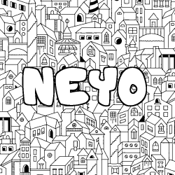 Coloriage pr&eacute;nom NEYO - d&eacute;cor Ville