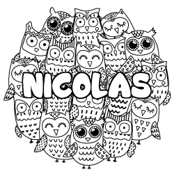 Coloriage prénom NICOLAS - décor Chouettes