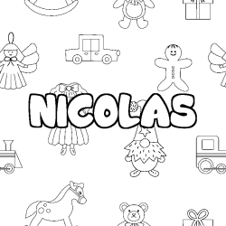 Coloriage prénom NICOLAS - décor Jouets