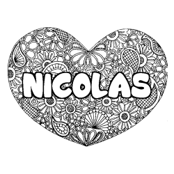 Coloriage prénom NICOLAS - décor Mandala coeur