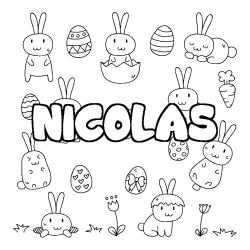 Coloriage prénom NICOLAS - décor Paques
