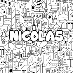 Coloriage pr&eacute;nom NICOLAS - d&eacute;cor Ville