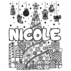 Coloriage prénom NICOLE - décor Sapin et Cadeaux
