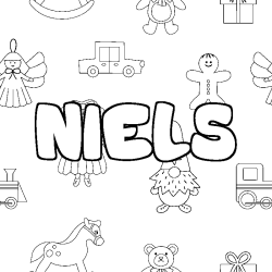 Coloriage pr&eacute;nom NIELS - d&eacute;cor Jouets