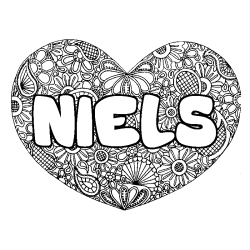 Coloriage pr&eacute;nom NIELS - d&eacute;cor Mandala coeur