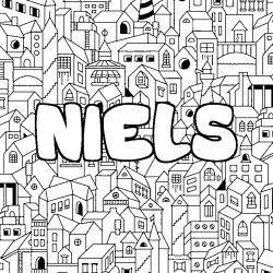 Coloriage pr&eacute;nom NIELS - d&eacute;cor Ville