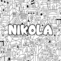 Coloriage pr&eacute;nom NIKOLA - d&eacute;cor Ville