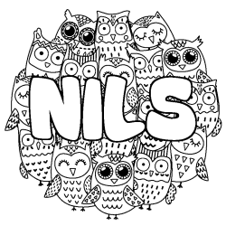 Coloriage pr&eacute;nom NILS - d&eacute;cor Chouettes