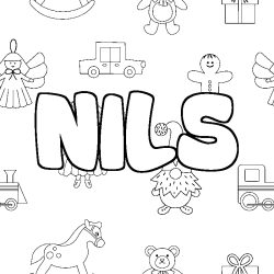Coloriage pr&eacute;nom NILS - d&eacute;cor Jouets