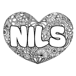 Coloriage pr&eacute;nom NILS - d&eacute;cor Mandala coeur