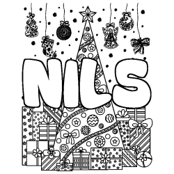 Coloriage prénom NILS - décor Sapin et Cadeaux