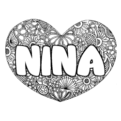 Coloriage prénom NINA - décor Mandala coeur