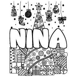 Coloriage pr&eacute;nom NINA - d&eacute;cor Sapin et Cadeaux