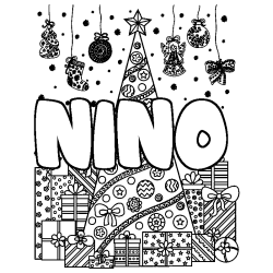 Coloriage pr&eacute;nom NINO - d&eacute;cor Sapin et Cadeaux