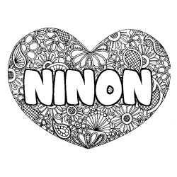 Coloriage pr&eacute;nom NINON - d&eacute;cor Mandala coeur