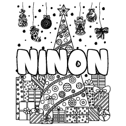Coloriage pr&eacute;nom NINON - d&eacute;cor Sapin et Cadeaux