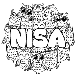 Coloriage prénom NISA - décor Chouettes