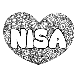 Coloriage prénom NISA - décor Mandala coeur