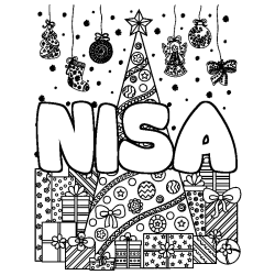 Coloriage pr&eacute;nom NISA - d&eacute;cor Sapin et Cadeaux