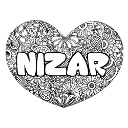 Coloriage pr&eacute;nom NIZAR - d&eacute;cor Mandala coeur