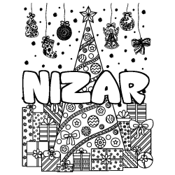 Coloriage prénom NIZAR - décor Sapin et Cadeaux