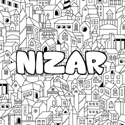 Coloriage prénom NIZAR - décor Ville