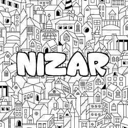 Coloriage pr&eacute;nom NIZAR - d&eacute;cor Ville