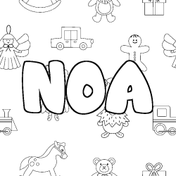 Coloriage prénom NOA - décor Jouets