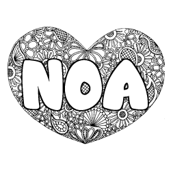 Coloriage pr&eacute;nom NOA - d&eacute;cor Mandala coeur