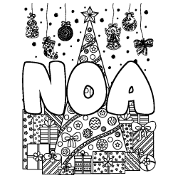 Coloriage prénom NOA - décor Sapin et Cadeaux
