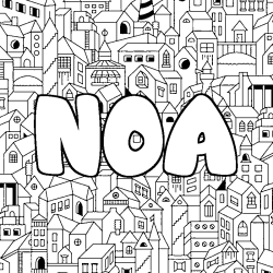 Coloriage pr&eacute;nom NOA - d&eacute;cor Ville