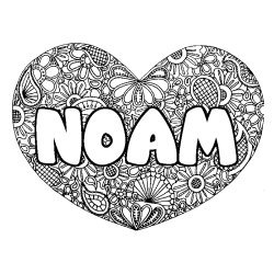 Coloriage pr&eacute;nom NOAM - d&eacute;cor Mandala coeur