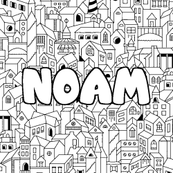 Coloriage pr&eacute;nom NOAM - d&eacute;cor Ville