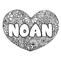Coloriage pr&eacute;nom NOAN - d&eacute;cor Mandala coeur