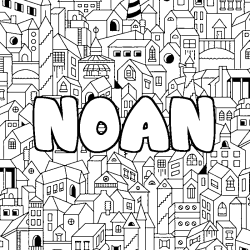 Coloriage pr&eacute;nom NOAN - d&eacute;cor Ville