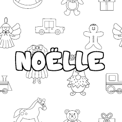 Coloriage pr&eacute;nom NO&Euml;LLE - d&eacute;cor Jouets