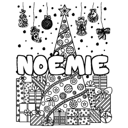 Coloriage prénom NOÉMIE - décor Sapin et Cadeaux