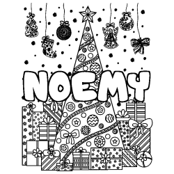 Coloriage prénom NOEMY - décor Sapin et Cadeaux