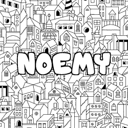 Coloriage pr&eacute;nom NOEMY - d&eacute;cor Ville