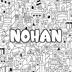 Coloriage pr&eacute;nom NOHAN - d&eacute;cor Ville