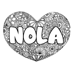 Coloriage pr&eacute;nom NOLA - d&eacute;cor Mandala coeur