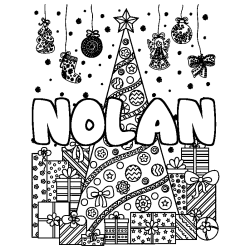 Coloriage prénom NOLAN - décor Sapin et Cadeaux