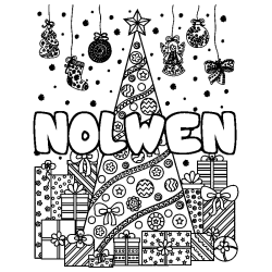 Coloriage prénom NOLWEN - décor Sapin et Cadeaux