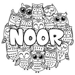 Coloriage pr&eacute;nom NOOR - d&eacute;cor Chouettes
