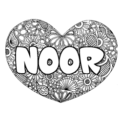 Coloriage pr&eacute;nom NOOR - d&eacute;cor Mandala coeur