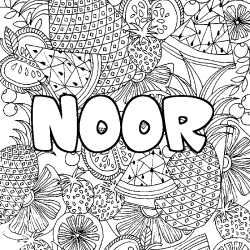 Coloriage pr&eacute;nom NOOR - d&eacute;cor Mandala fruits