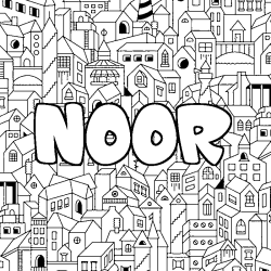 Coloriage pr&eacute;nom NOOR - d&eacute;cor Ville
