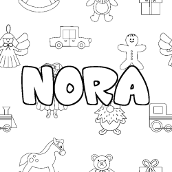 Coloriage pr&eacute;nom NORA - d&eacute;cor Jouets